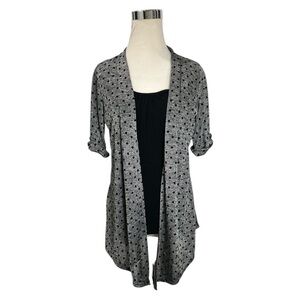 Women's Blouse Gray Black Mock Tank Top Open Front Cardigan Polka Dot Size Med